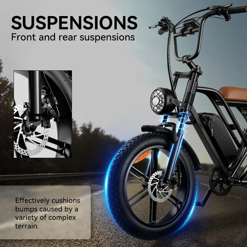 G60 E-Bike 1000W Adult Electric Bicycle 20” Fat Tire E-Bike 48V 15Ah Battery 45-55KM Range Dual Suspension 31MPH