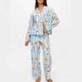 Hirigin Women's 2 Piece Lounge Set Fashion Long Sleeve Pattern Print Shirt Wide Leg Pants Sleepwear Sets for Winter Fall