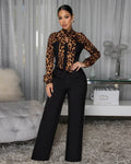 2 Pcs Women Chic Pants Suit Casual Leopard Patchwork Slim Top
