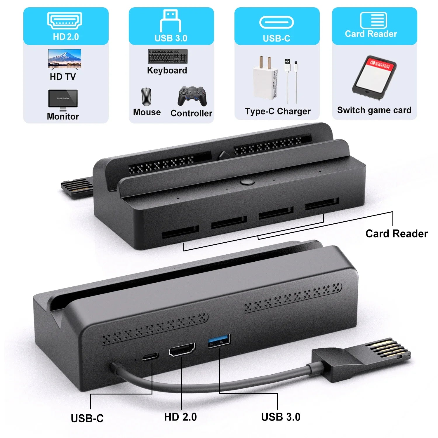 For Nintend Switch 7 In 1 Game Card Reader Switch For Switch OLED Screen Mirroring Base, Supports One-Click Switching of Games