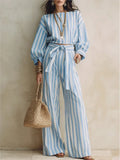 Women New Striped Long-sleeved Shirts Trousers 2piece Set Fashion Casual Ultra-short Top Waisted Lace-up Loose Wide-leg Long Set