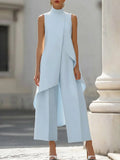 Sleeveless High Neck Jumpsuit With Asymmetric Draped Overlay Wide Leg Culottes Elegant Formal Evening Wear For Women