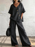Casual Loose Pants Sets Women Summer 2026 Fashion Short Sleeve V-neck Tops And Wide Leg Pant 2 Piece Set Woman Outfits