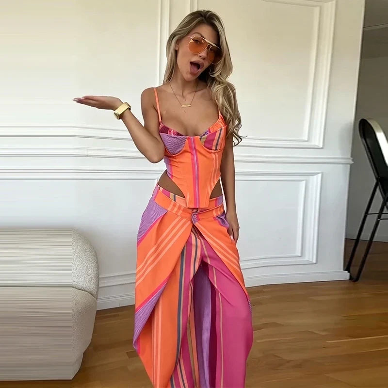 Fashion Women's Pants Set Halter Slim Corset Straight Bottom Female Print Sets 2026 Summer Vacation Beach Chic Sexy Lady Suit