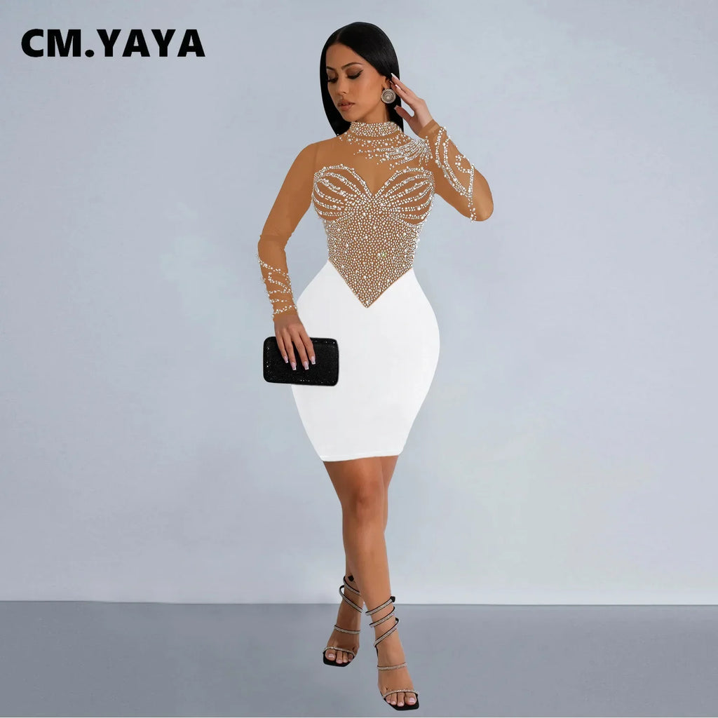 CM.YAYA Women Long Sleeve Mesh Diamonds Hot Rhinestones Mini Dress 2024 Summer Evenning Sexy Party Night Club Dresses Vestidos