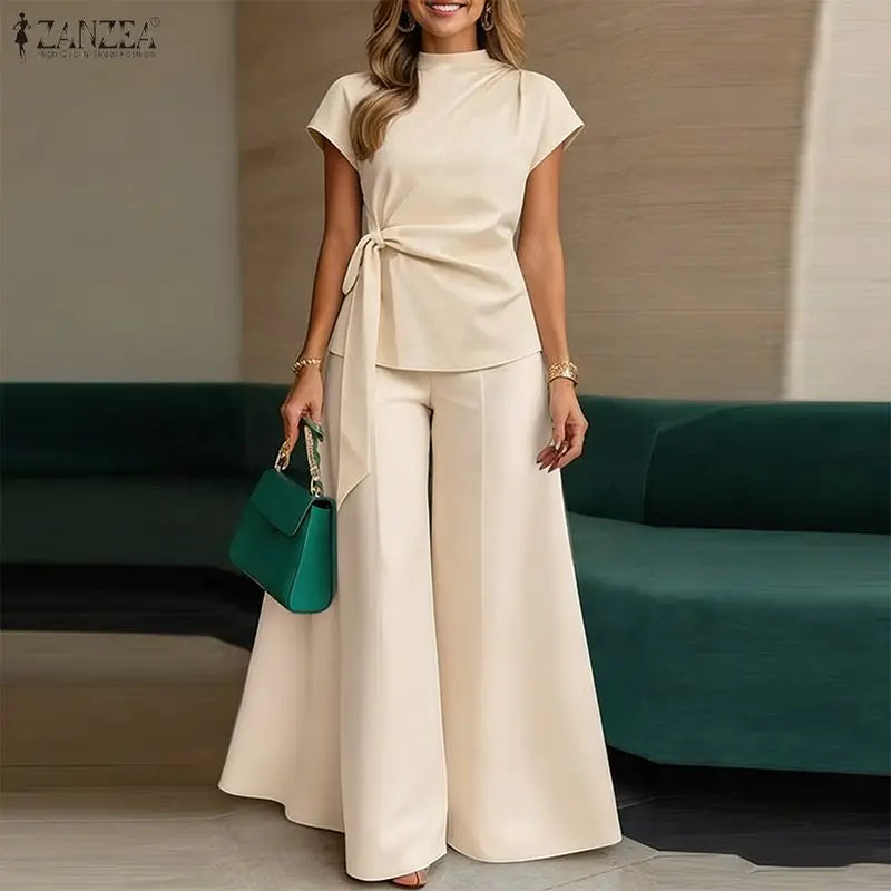 ZANZEA Summer Trousers Suit Short Sleeve Lace-Up Blouse Wide Leg Pant Sets Solid Color OL Work Outfit Fashion Women 2 Piece Sets