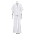 2026 New Cotton Turn-Down Collar Half-Sleeve Top Wide-Leg Pants Two-Piece Set Women, Simple And Fashionable Commuting Outfit For