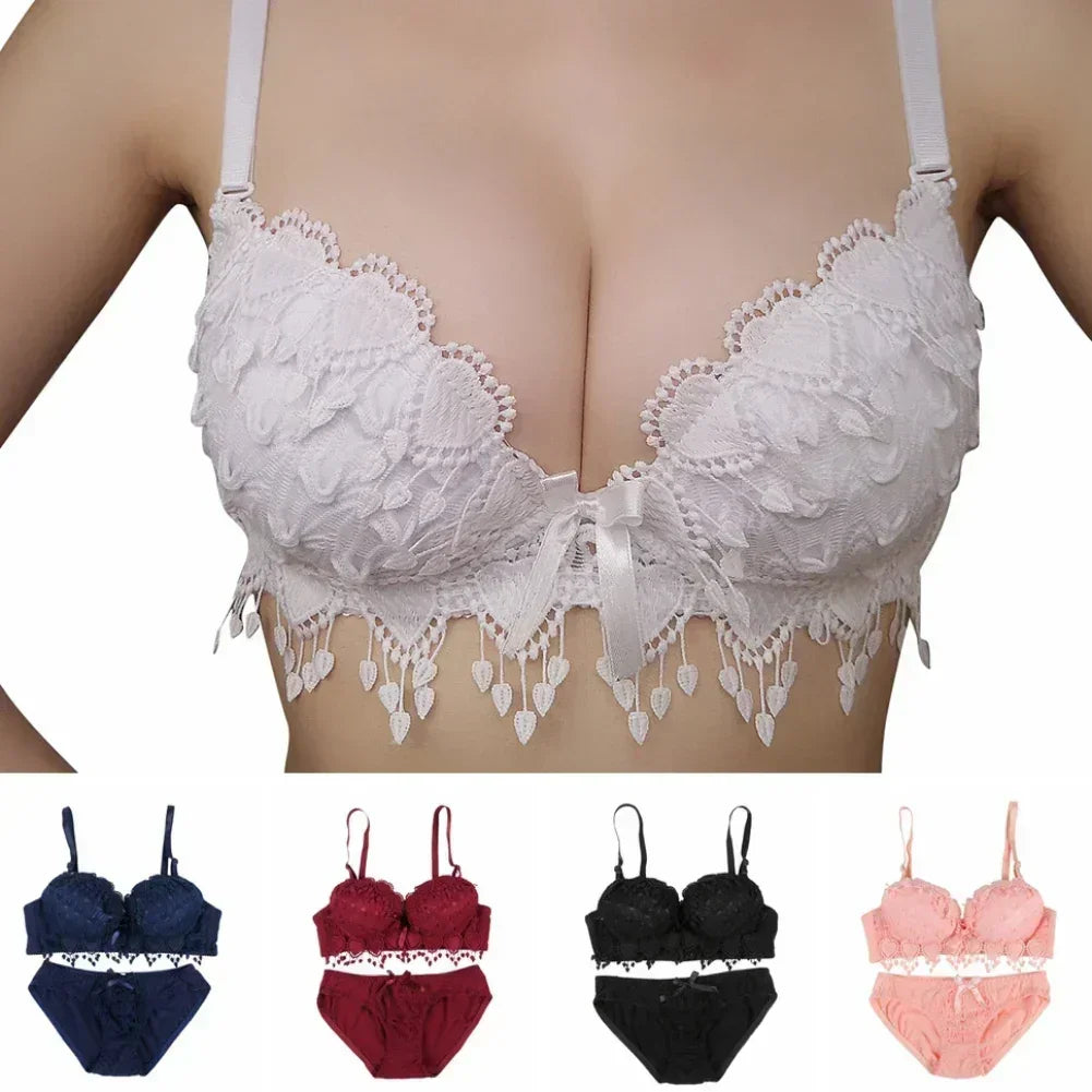 Women Lace Bra Sets Flower Printed Underwear Suit Sexy Lady Ultra-Thin Lingerie Comfortable Push Up Brassiere Outfit