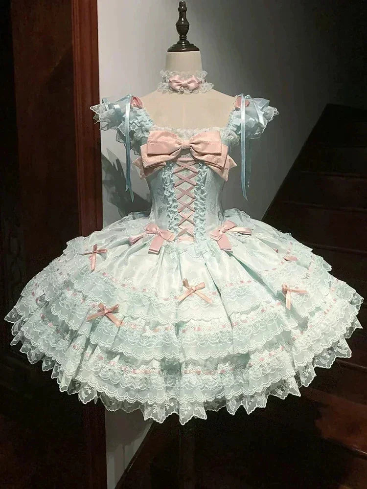Summer Sweet Lolita Y2k Mini Dresses Women Lace Patchwork Short Sleeve Elegant Bandage French Vintage Short Party Dress Female