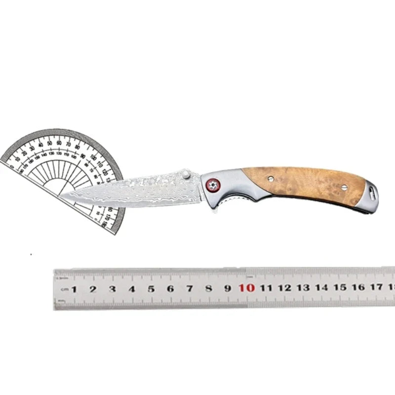 Topwell Handmade YH003 EDC Folding Knife Perfect Quality Damascus Steel Blade Rosewood Handle Kraft First layer Leather Sheath