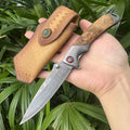 Topwell Handmade YH003 EDC Folding Knife Perfect Quality Damascus Steel Blade Rosewood Handle Kraft First layer Leather Sheath
