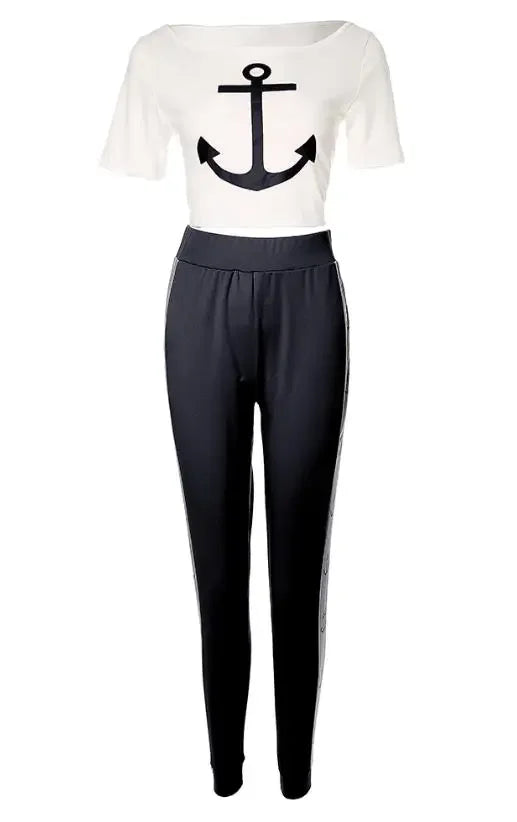 CPSYMYM Two Piece Set Women Outfit Summer  Anchor Print Short Sleeve Round Neck Top & Casual High Waist Daily Long Pants