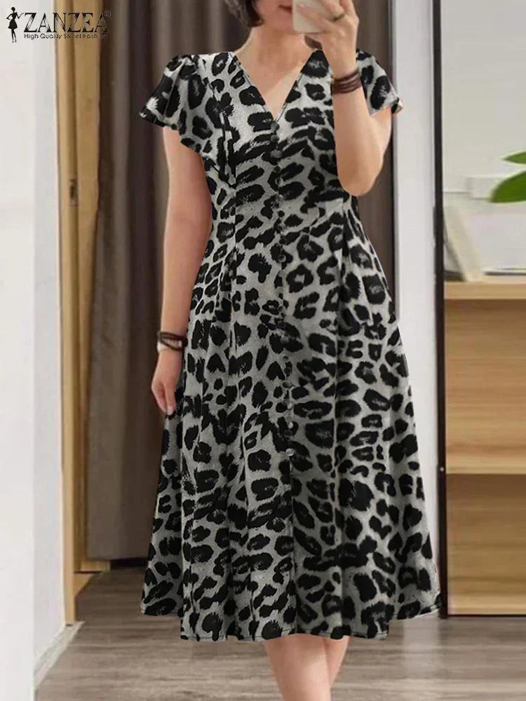 ZANZEA Summer Stylish Printed Sundress Elegant Slim Dress Woman Short Sleeve V-Neck Dresses Female Vintage Party Robe Oversized