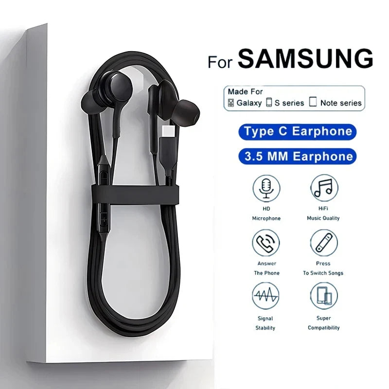 Type C Wired Earphone For Samsung Galaxy S23 S21 S22 Ultra Plus 3.5 mm Earbuds Headphones A54 A34 A53 A53 Accessories