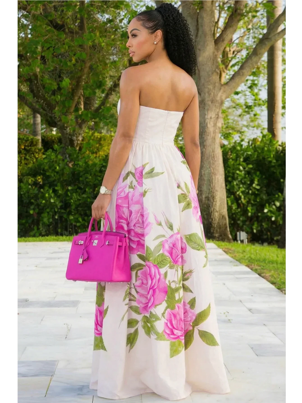 Women Tube Strapless Waist Flowy Maxi Dress With Floral Print For Wedding Guest Resort And Vacation Occasion