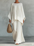 Women's Elegant Loose Round Neck Top Wide Leg Pants Set Casual Simple Long Sleeve Solid Color Two-Piece Set