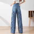 Y2k Women's cute jeans High Leg Waisted Wide  2025 Spring Summer Fashion Hollow Lace Patchwork Denim Pants