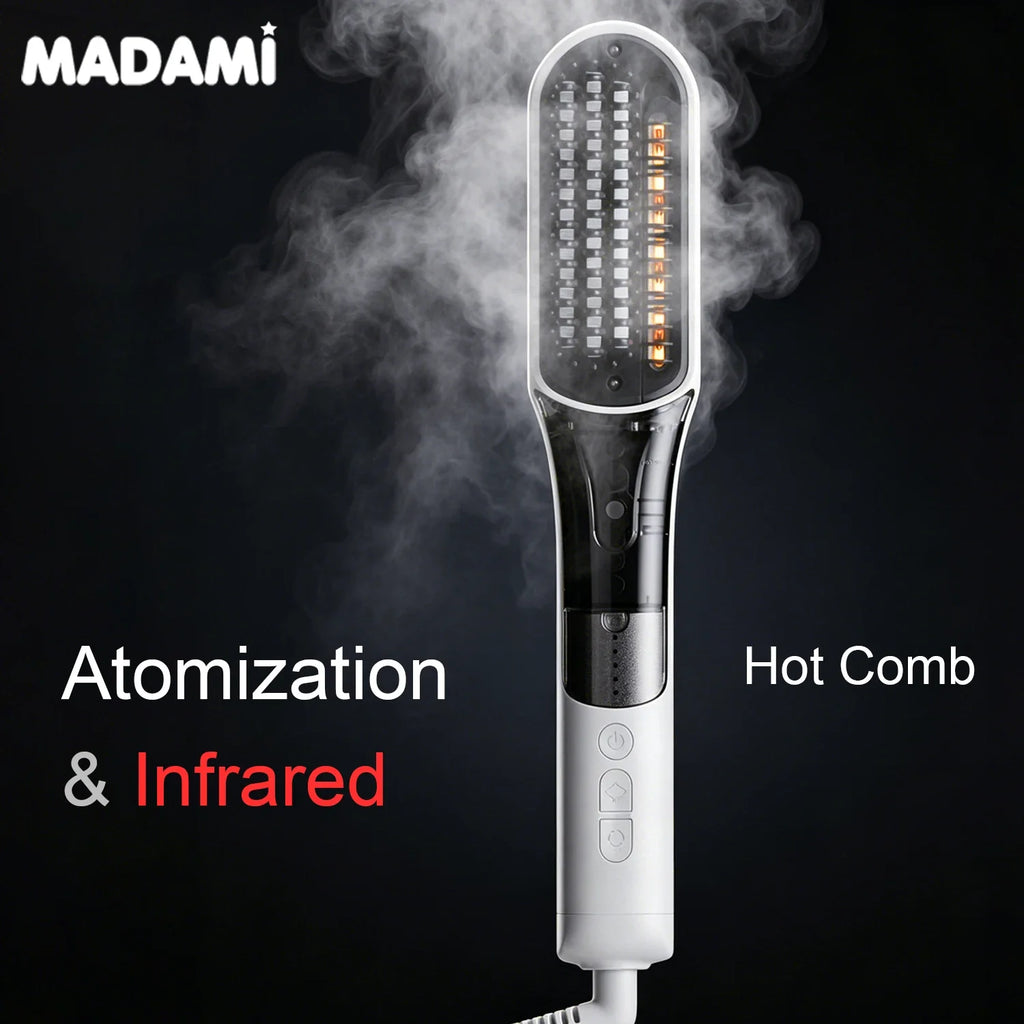 Steam Hair Straightener Brush 2-in-1 Hot Mist Red Light Therapy 4 Temp MCH Fast Heating Anti-Scald Hair Styling Tool for Home Tr