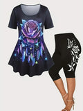 Plus Size Ladies Suit New Summer Women Hot Sales Black Oversize Casual Flower Rose Print T-Shirt Pants Two-Piece Suit