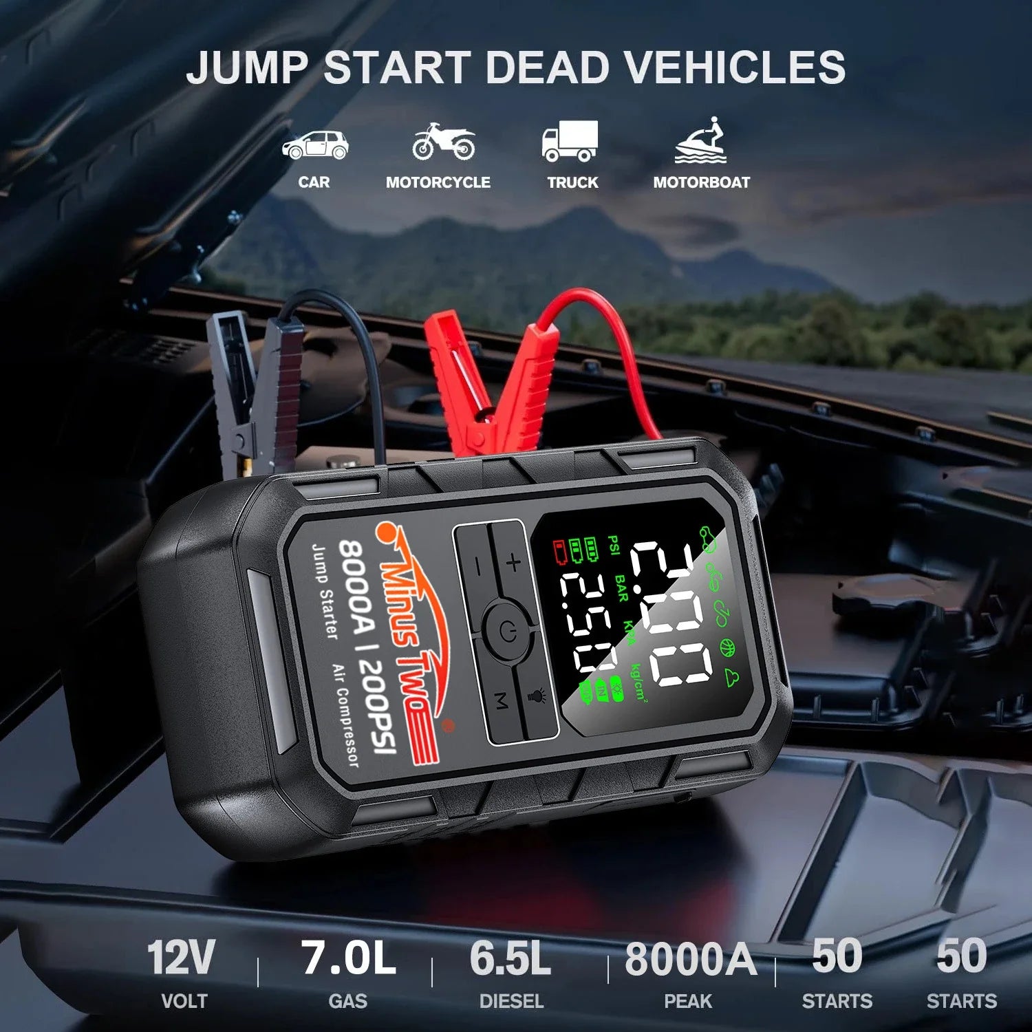 4-IN-1 Car Jump Starter with Air Compressor Peak 4000A Auto Battery Booster 200PSI Air Pump Portable Power Bank Tire Inflator