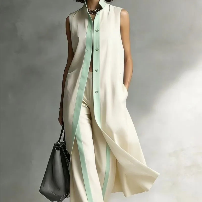 Women's Two-piece Sleeveless Stand-up Collar Vest Cardigan Trousers 2026 Summer New Loose Fashion Casual Contrast Color Suit