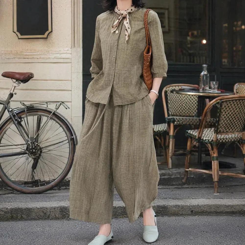2026 Plus Size Casual Suit Women 2 Piece Cotton Linen Sets, Button Down Short Sleeve Top And Wide Leg Pants Casual Loose Lounge