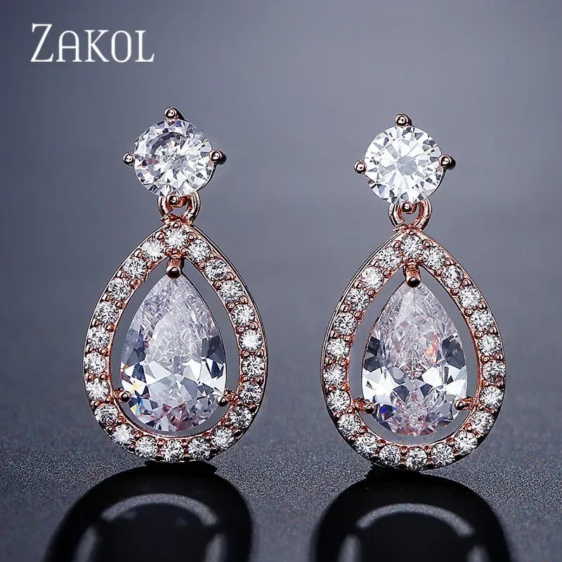 ZAKOL Classic Water Drop Cubic Zircon Bridal Dangle Earrings for Women Girl Trendy CZ Crystal Wedding Engagement Jewelry