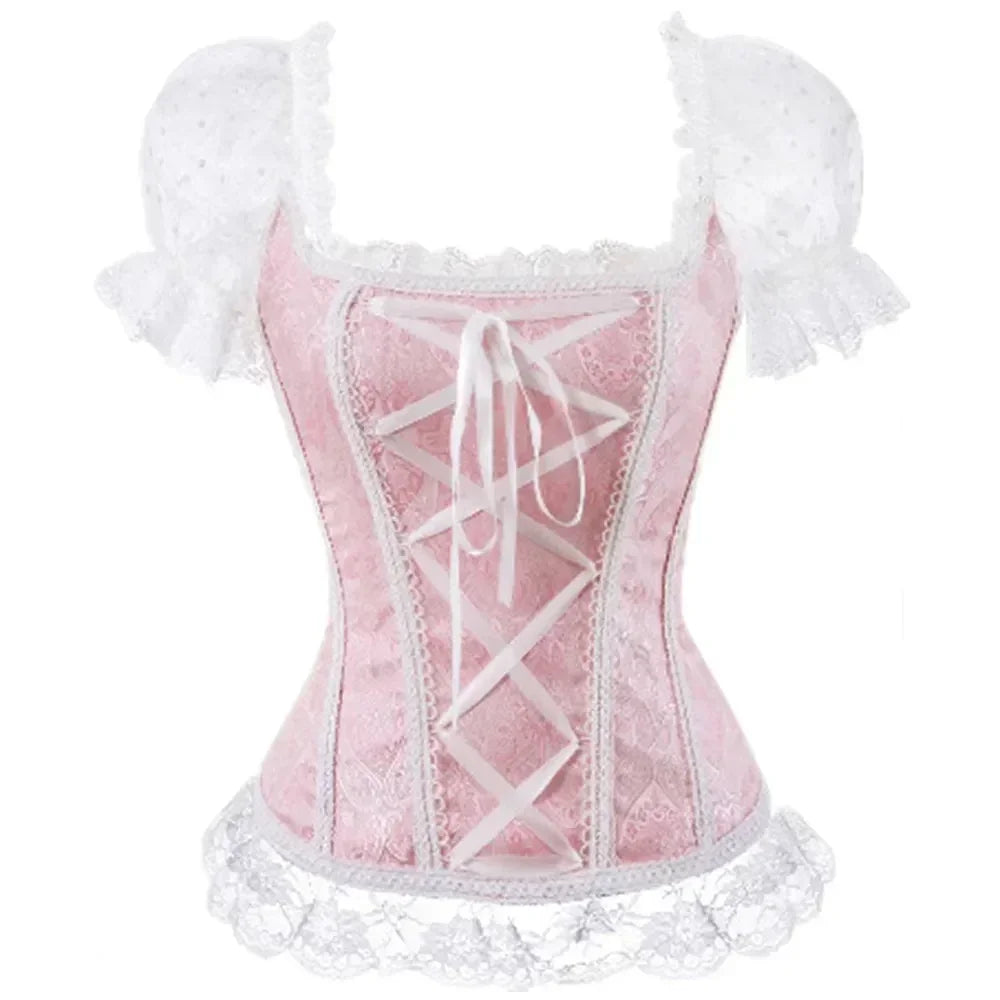 Fashion Princess Style Women Lingerie Bodyshaper Bridal Corset Bustier Tops For Women Short-Sleeve Lace Up Corselet Plus Size