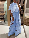Women Set Short Sleeved Blouse Tops + Tie-up Pants Two Peics set Lace Outfit Embroidery 2025 New Retro Hollow Temperament Suit