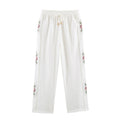 HH Elegant Women's 2026 Floral Embroidered Straight-Leg Pants Spring Autumn Casual Elastic Waist Side Stripe Boho Trousers
