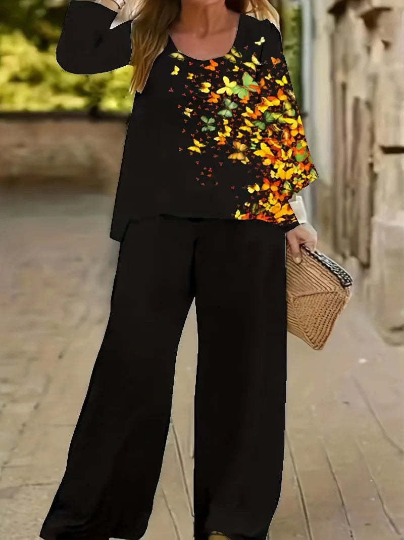 Women Casual Plus Size 1XL-5XL Outfits Set Floral Print Long Sleeve Round Neck Top Pants Outfits Two Piece Set