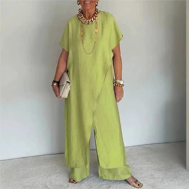 Loose Irregular 2 Piece Set for Women Short Sleeve Round Neck Long Top + Wide Leg Pants Casual Outdoor Commuting Versatile Suit
