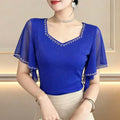 2026 Summer New Diamond Shirt Short sleeved Mesh Tops Slim Korean Fashion Bright Silk Women T Shirt