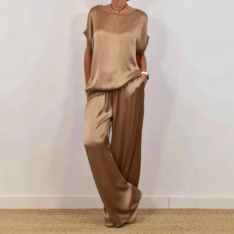 Women's Satin Pants 2 Piece Set Summer Breathe Loose Short Sleeve Top Wide Leg Pants Casual Outfit Office Lady Elagant Set