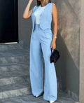 Trousers Suit Women's Vest Trousers Suit Elegant Loose Regular Work Suit High Waist Wide-leg Trousers 2-piece Street Suit