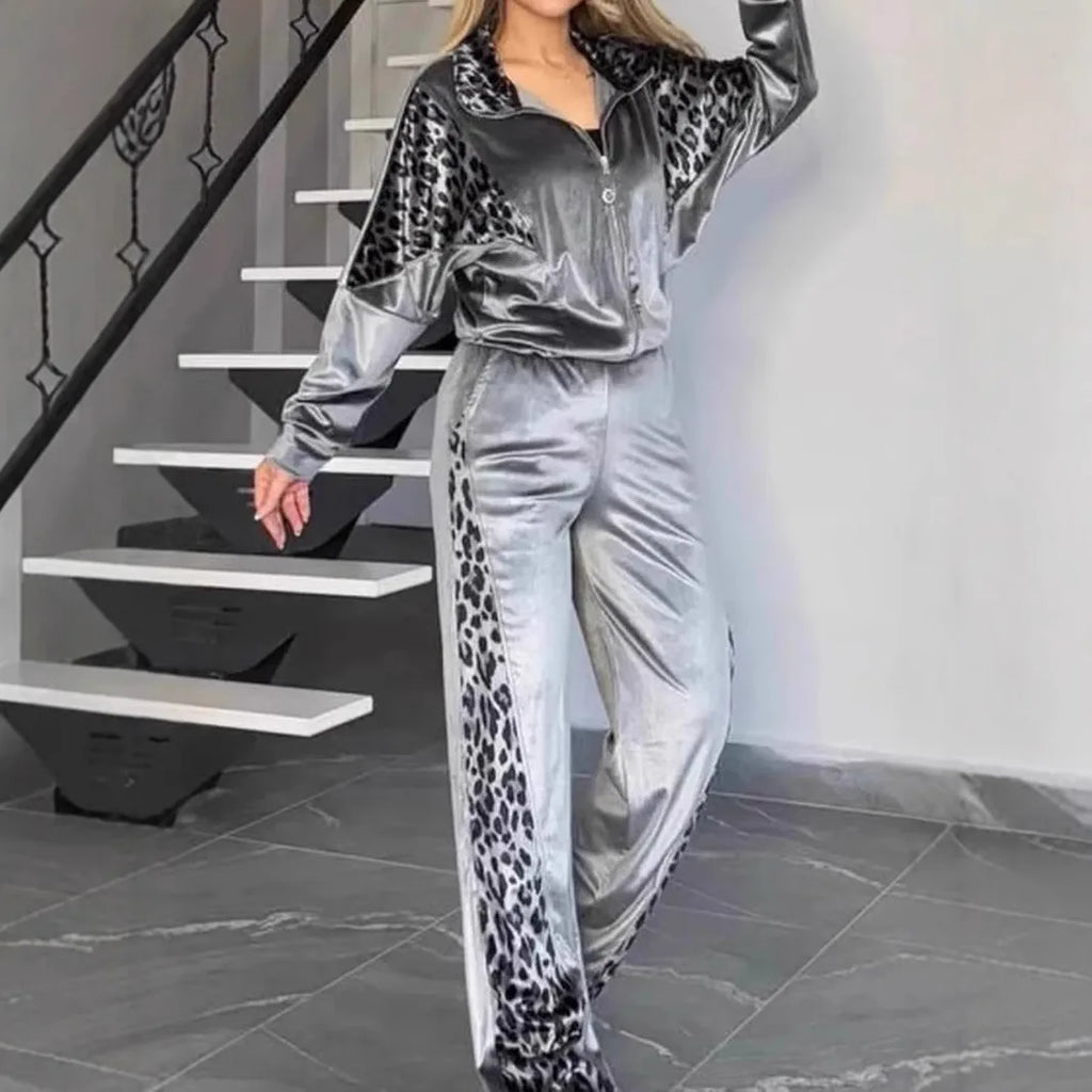 Women's 2-piece Set Retro Leopard Print Zipper Bomber Jacket Sweatshirt + High-waisted Trousers Sets Women's Velvet Pants Suit