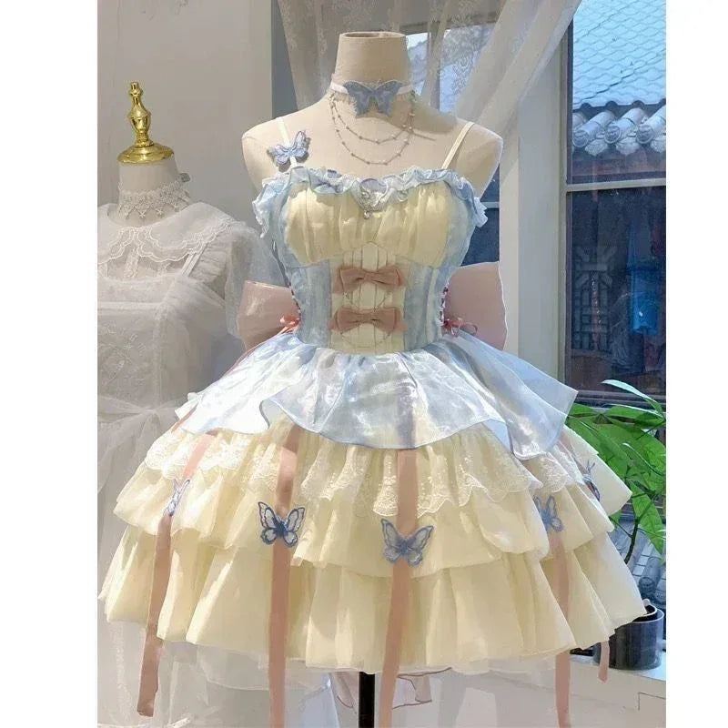 Summer Sweet Lolita Y2k Mini Dresses Women Lace Patchwork Short Sleeve Elegant Bandage French Vintage Short Party Dress Female