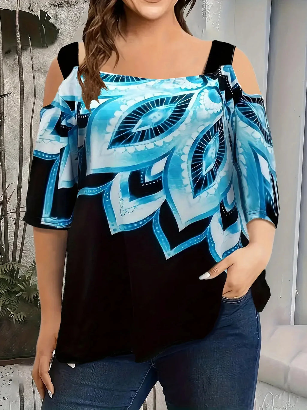 Summer new fashion strap off-the-shoulder multi-color print plus size women's short sleeve t-shirt