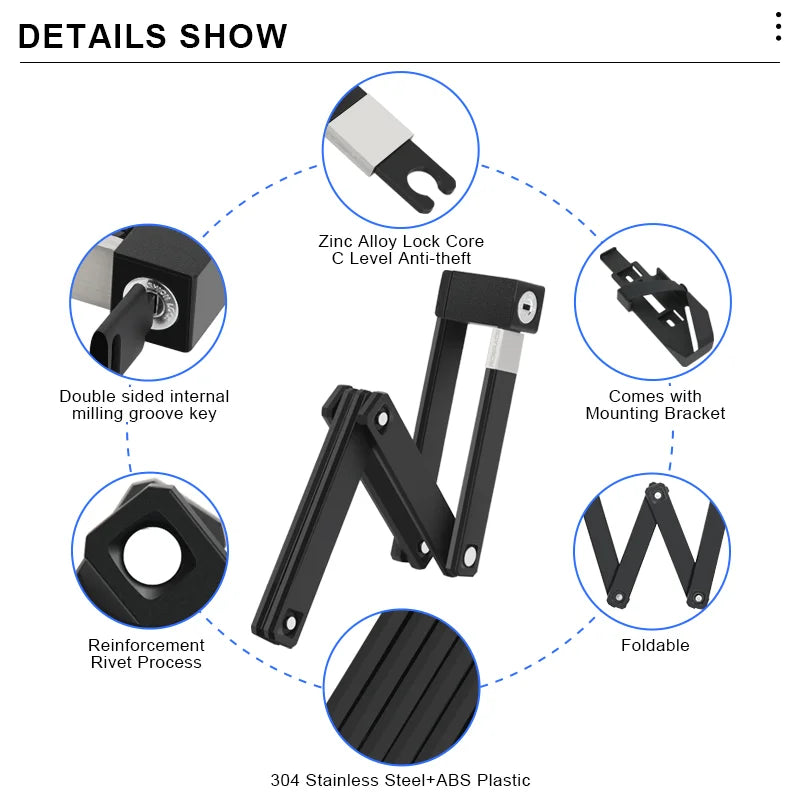 RIDERACE Foldable Bicycle Lock Portable High Security Anti-Theft MTB Bike Scooter Electric E-Bike Road Cycling Chain Locks