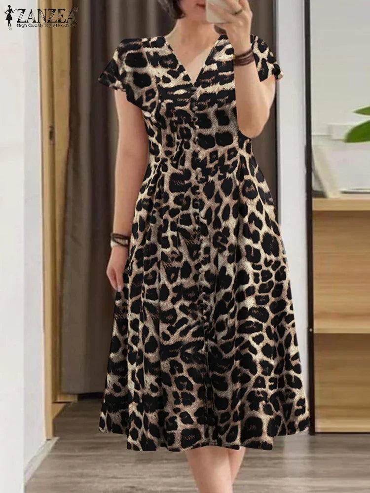 ZANZEA Summer Stylish Printed Sundress Elegant Slim Dress Woman Short Sleeve V-Neck Dresses Female Vintage Party Robe Oversized