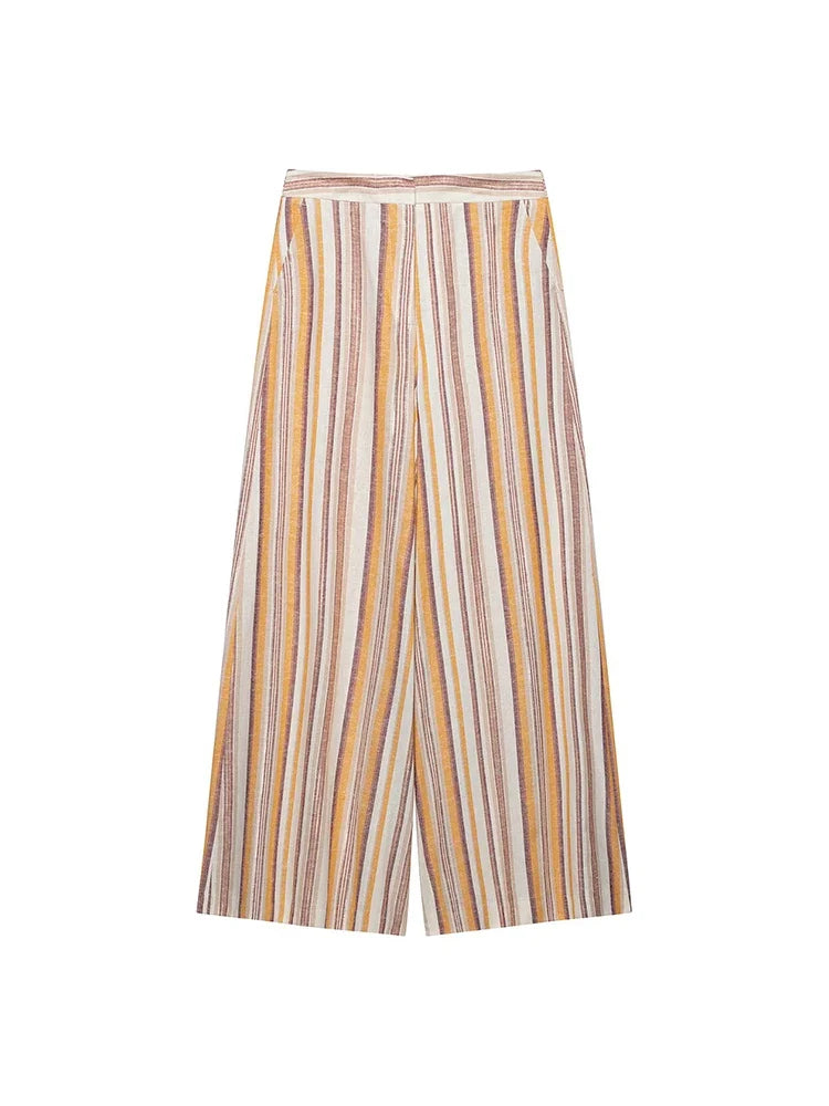 TFMLN Women's Stripe Printed Sets Chic Bow Decoration Sleeveless Irregular Top Wide Leg Pants Female Holiday Sets 2026 Summer