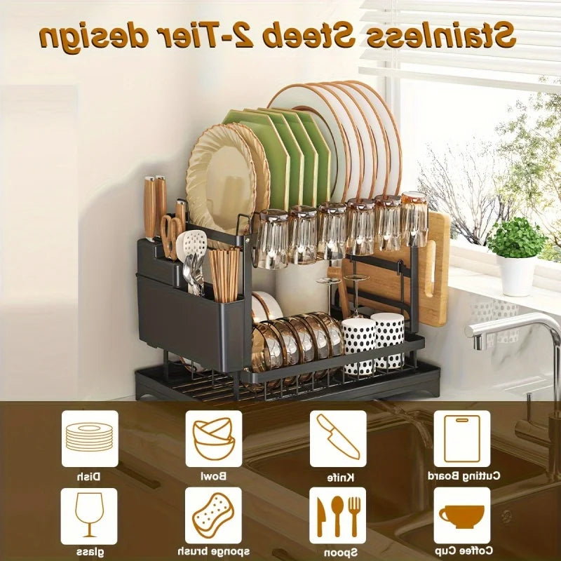 Kitchen bowl rack, drain rack，1pc Double-layer Tableware Drain Rack, Chopsticks Water Cup Cutting Board Kitchen Storage Rack, La