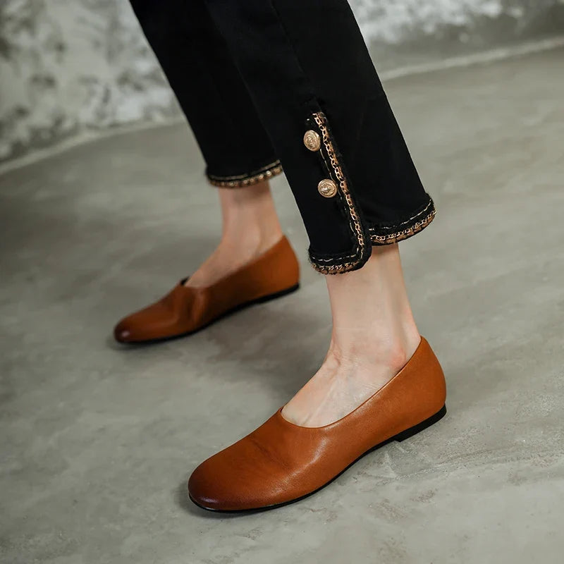 2026 Spring Shallow Mouth Round Toe Loafers Women Shoes Genuine Leather Boat Shoes Fashion Concise Ballet Flats Women Flats