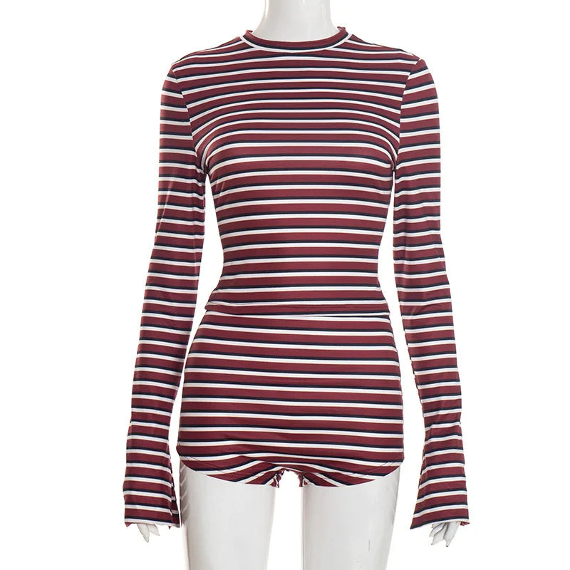 Slim Fit Striped Jumpsuit Women's New 2026 High Neck Long Sleeved Flared Cuffs Elastic Shorts Burgundy White Striped Casual Wear