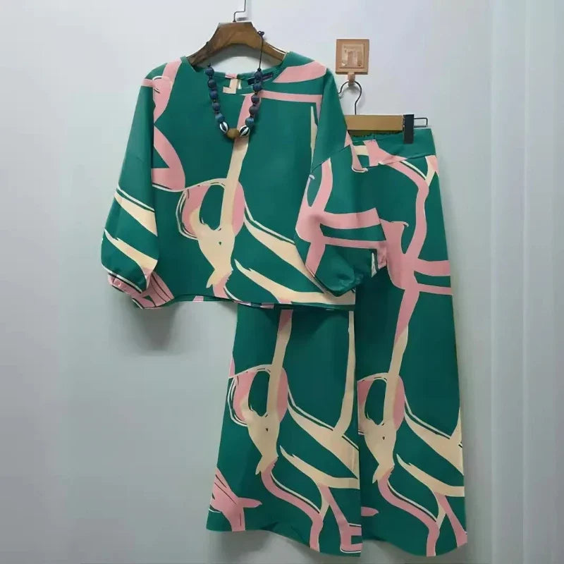 Print Suit Women Two Piece Pant Sets Long Sleeve Round Neck Tops Shirt Wide Leg Pants Loose Elegant Lady Bohemian Suits