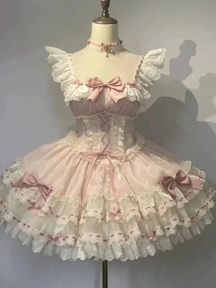 Summer Sweet Lolita Y2k Mini Dresses Women Lace Patchwork Short Sleeve Elegant Bandage French Vintage Short Party Dress Female