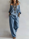 Summer New Casual Loose Linen Women's Two Piece Set Three-quarter Sleeve Off Shoulder Top Wide Leg Pants Suit Women Clothing