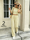 Women Polka Dot 2 Pcs Summer Set Short Sleeve Crop Top Drawstring Wide Leg Pants, Vacation Streetwear Matching Outfits