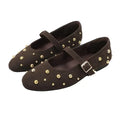 Cool Gold Rivets Design Ballet Flats Women Faux Suede Belt Metal Buckle Low Heel Women Shoes Non-slip Soft Sole Mary Jane Shoes