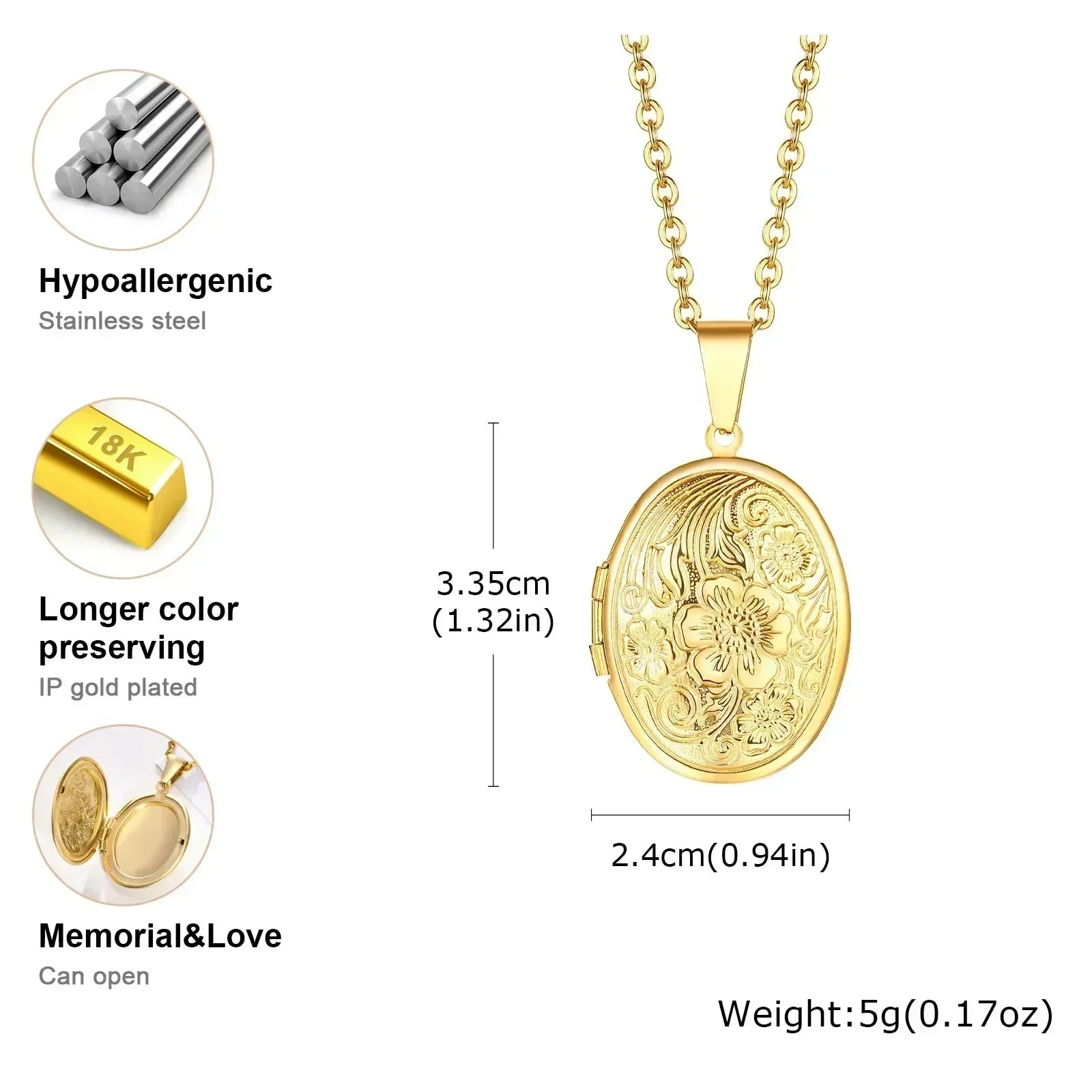 Vnox Stainless Steel Heart Locket Necklace Pendant with Photo Frame, Elegant Gold Plated Design Womens Gift